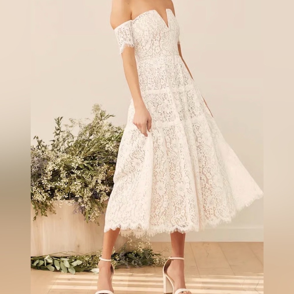 Lulus White Lace Dress S NWT Off Shoulder Ivory Nude Lined Fit Flare Bridal